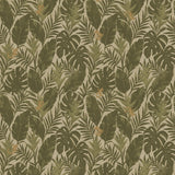 Detail of printed wallpaper in a tropical palm frond pattern in muted olive greens scattered with small tan lizards. 
