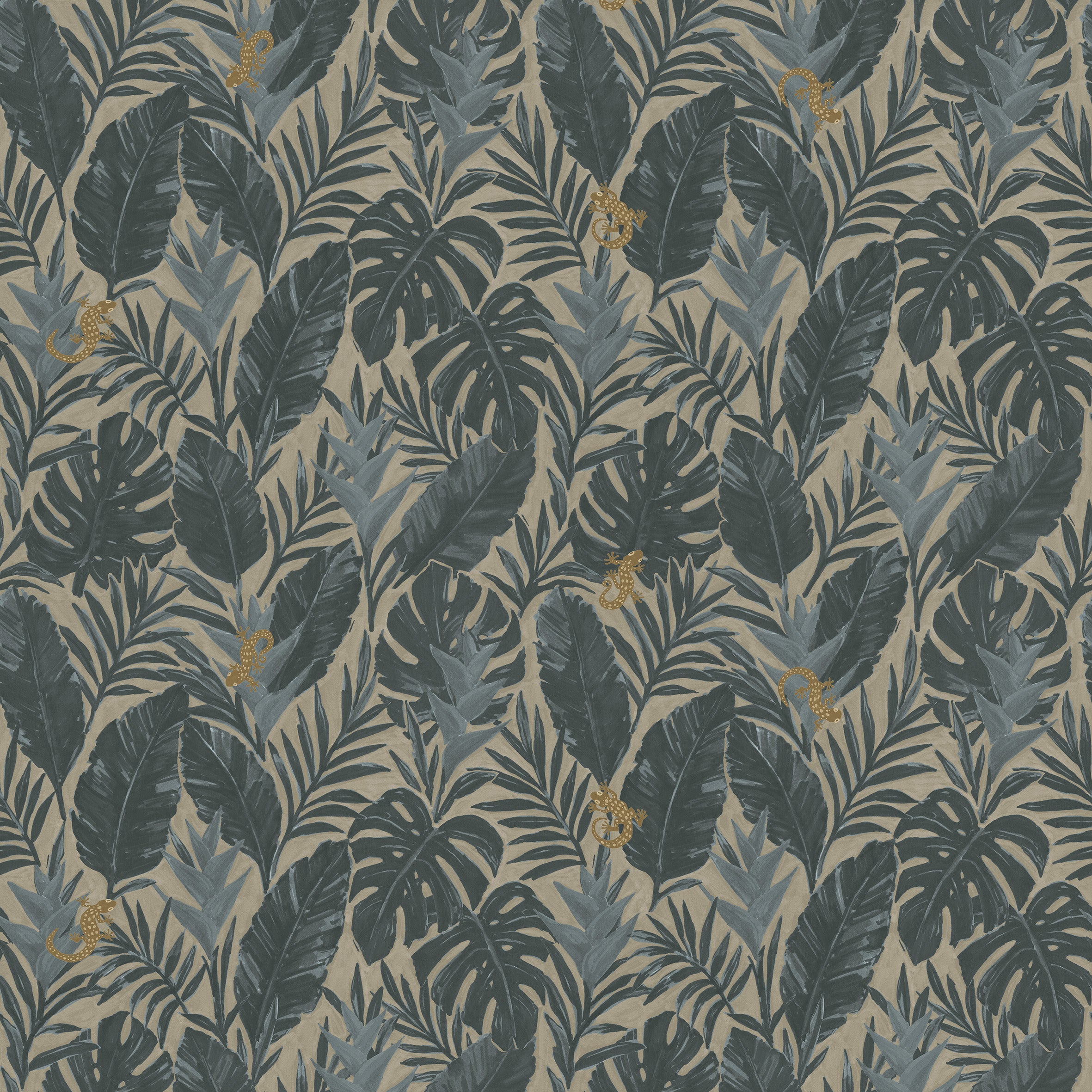 Detail of printed wallpaper in a tropical palm frond pattern in muted steel blue scattered with small tan lizards. 