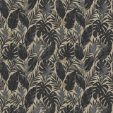 Detail of printed wallpaper in a tropical palm frond pattern in faded black and charcoal grey scattered with small tan lizards. 