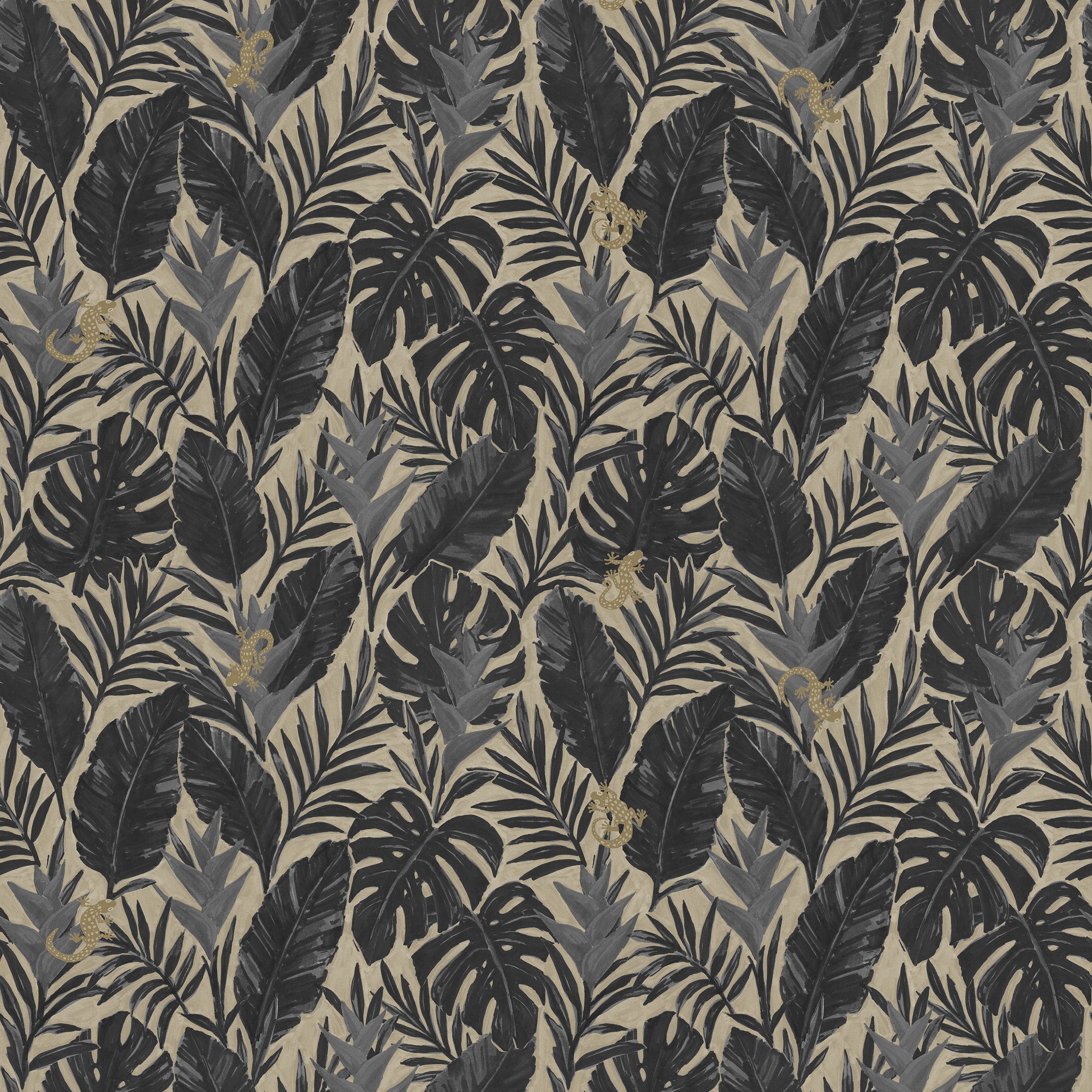 Detail of printed wallpaper in a tropical palm frond pattern in faded black and charcoal grey scattered with small tan lizards. 