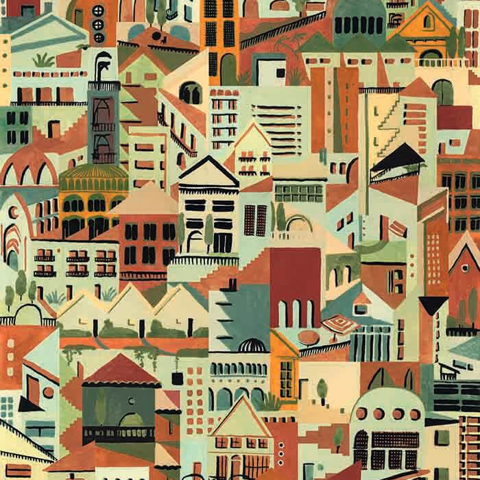 Detail of wallpaper in a painterly repeating building print in shades of blue, orange, red and green. 