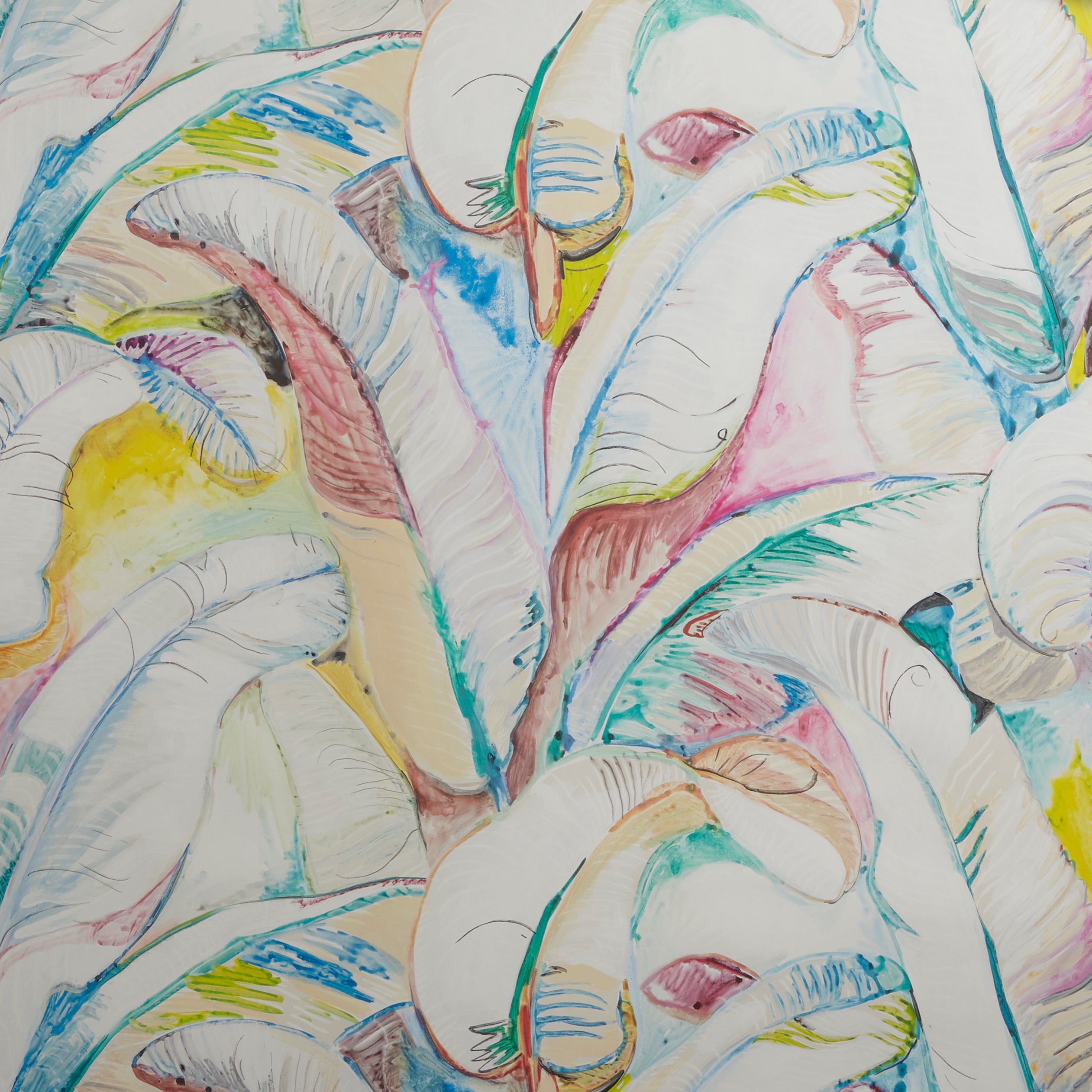 Close up of wallpaper with watercolor banana-leaf pattern in white, blush pink, teal, yellow, and soft blue on a warm cream background.
