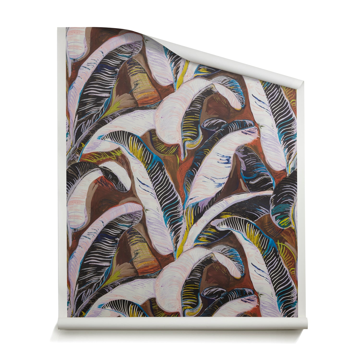 A roll of wallpaper with linear painterly banana-leaf pattern in lilac, white, yellow, black and blue on a rust red and brown background. 