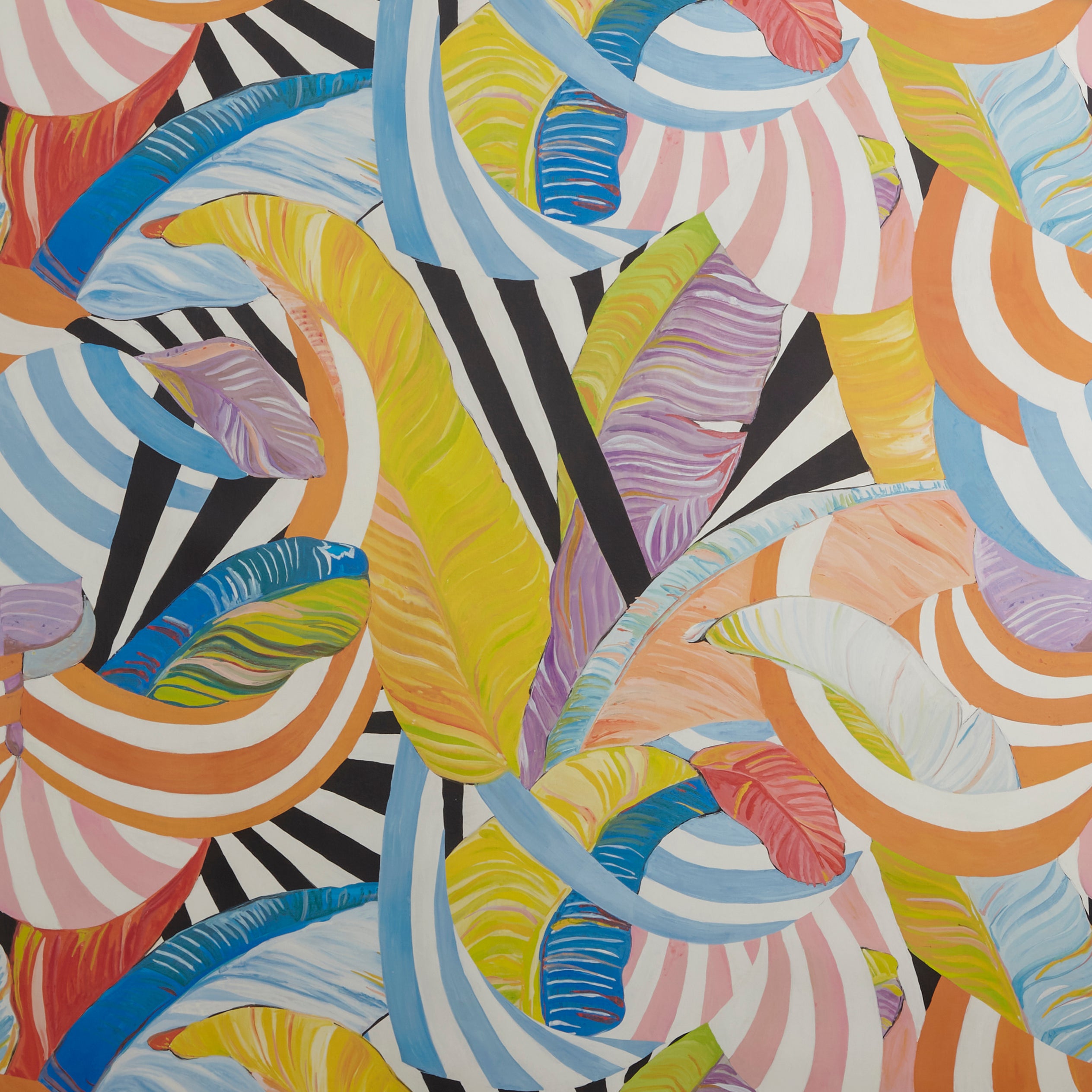Close up of wallpaper with an abstract striped banana-leaf pattern in yellow, orange, blue, purple and black and white. 