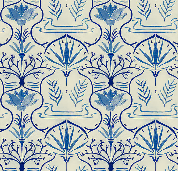Detail of wallpaper in an intricate floral lattice print in shades of blue on a cream field.