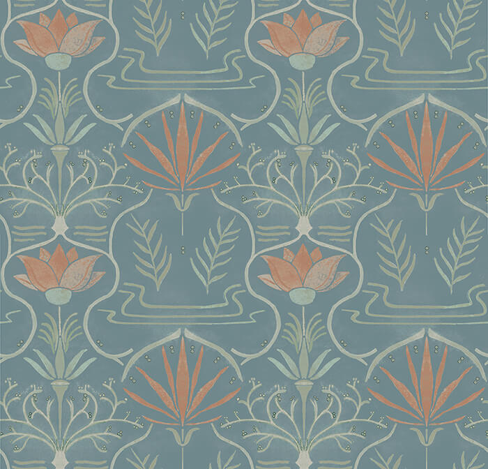 Detail of wallpaper in an intricate floral lattice print in shades of green and coral on a blue-gray field.
