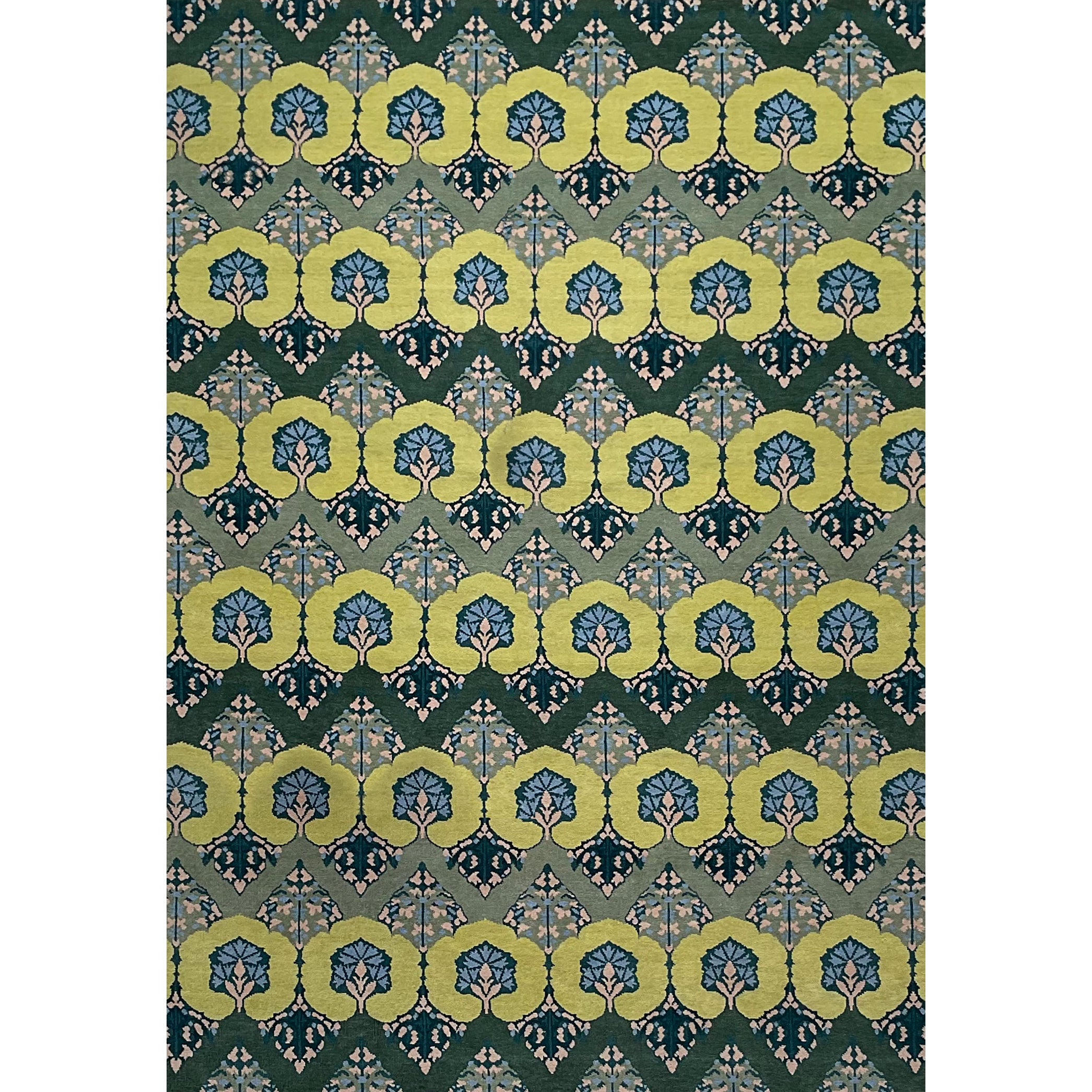 Patterned rug with green and blue botanical design on a white background