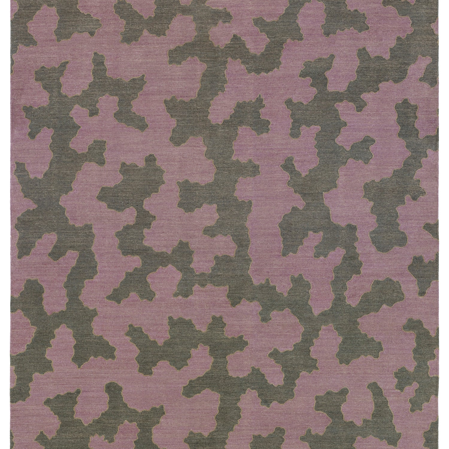 Handwoven rug in an abstract coral design grey and purple with a tan accent line. 