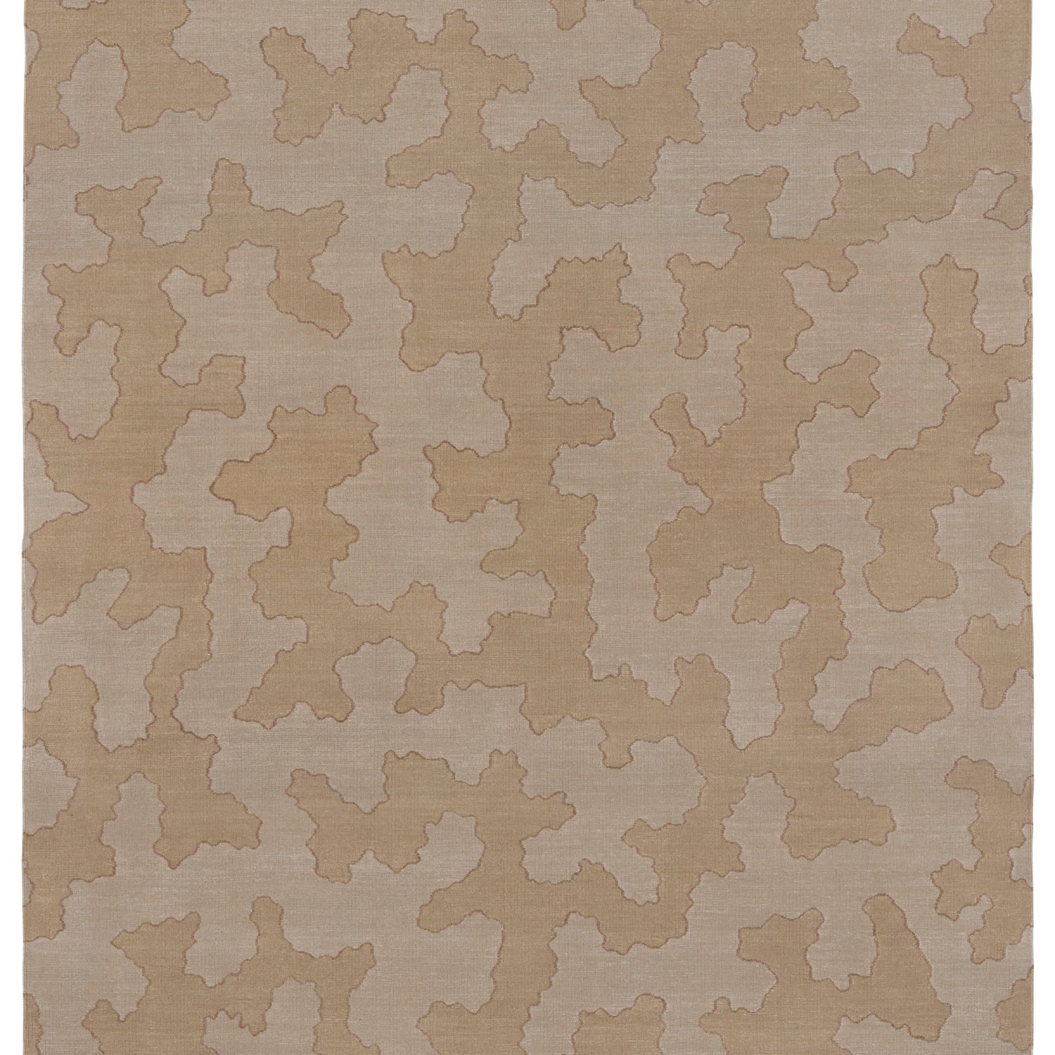 Handwoven rug in an abstract coral design in tonal shades of tan and taupe. 