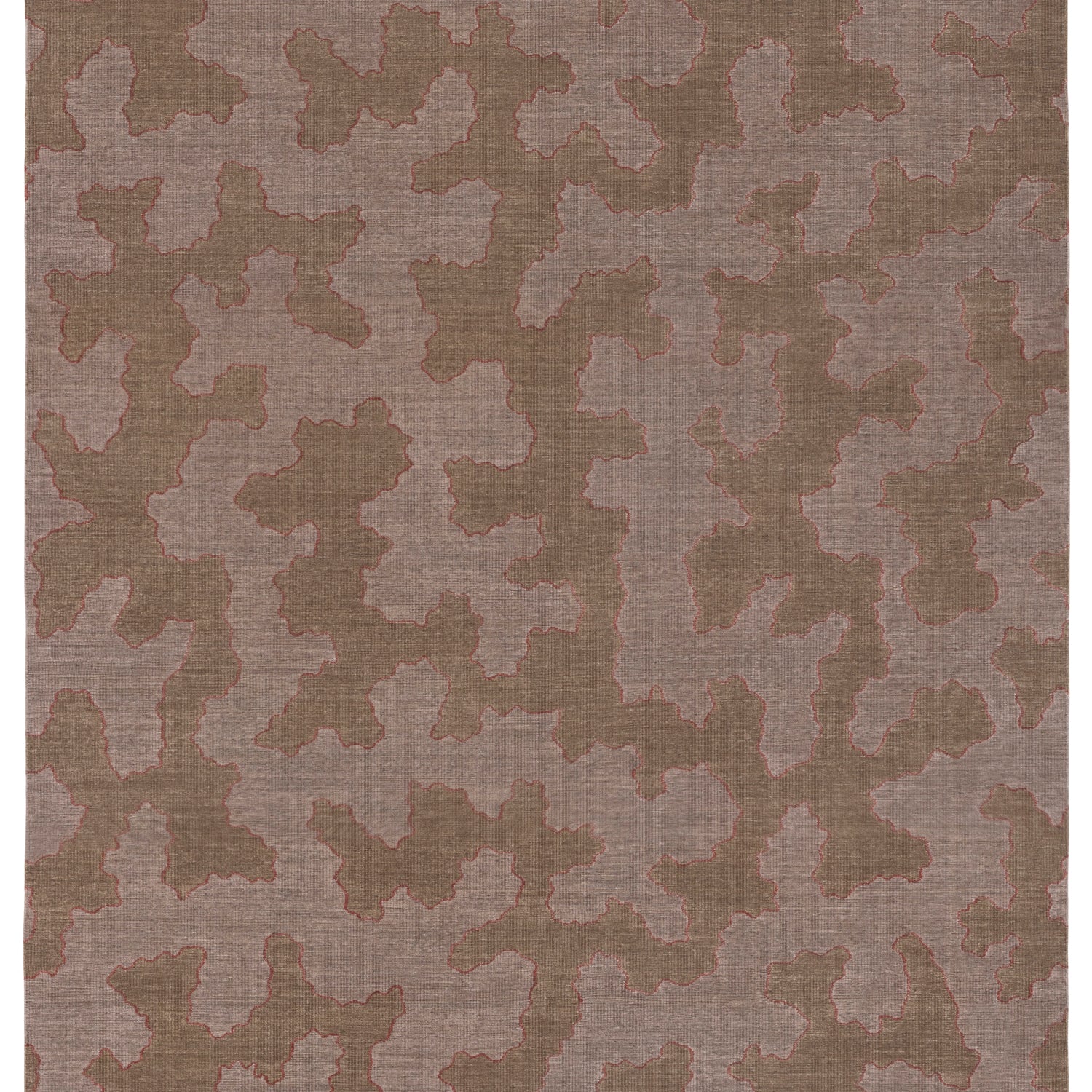 Handwoven rug in an abstract coral design brown and lavender with a pink accent line. 