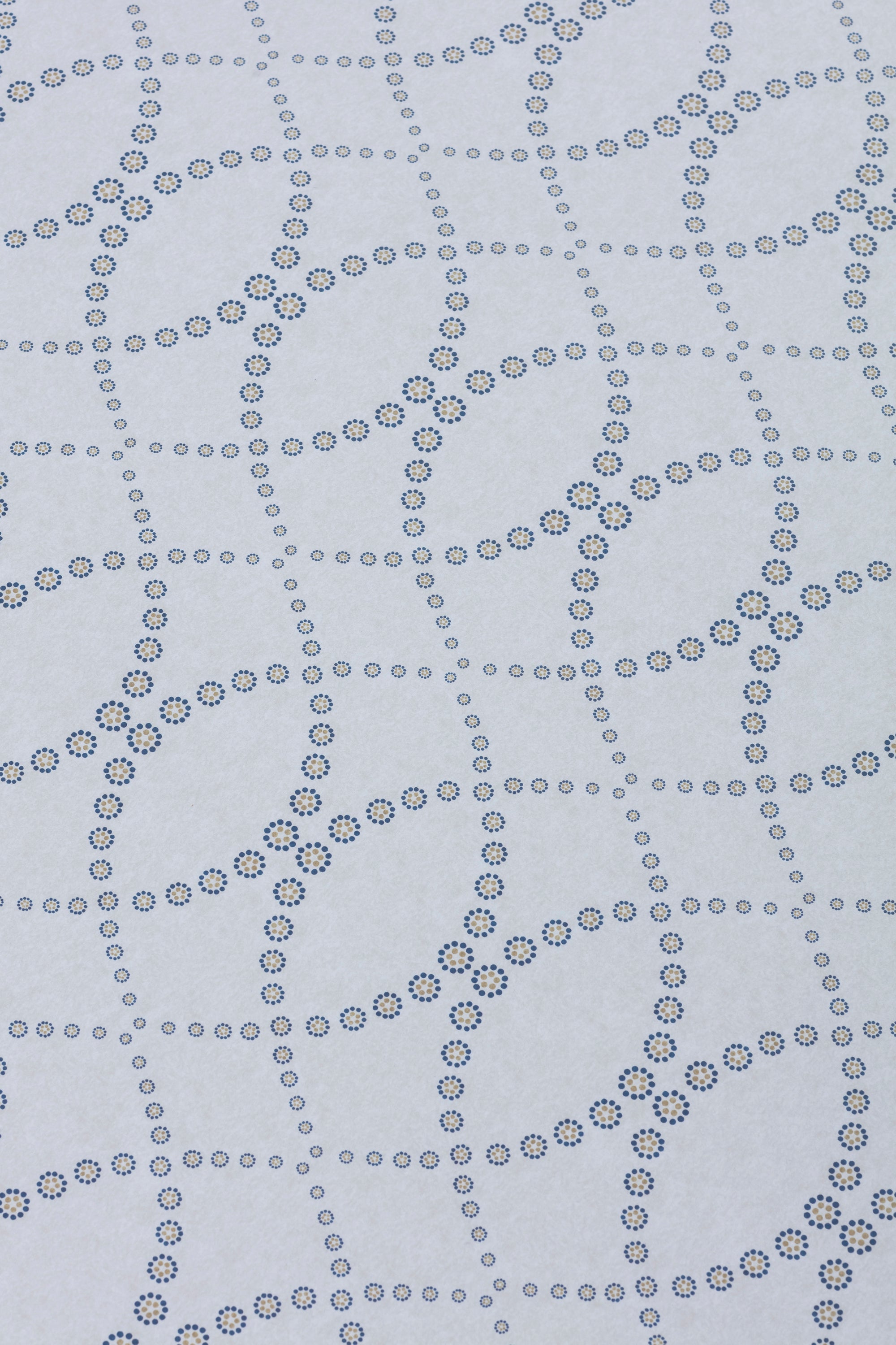 Detail of a wallpaper in a playful floral lattice print in navy blue and tan on a white field.