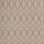 Wallpaper in a playful floral lattice print in tan and navy on a taupe field.
