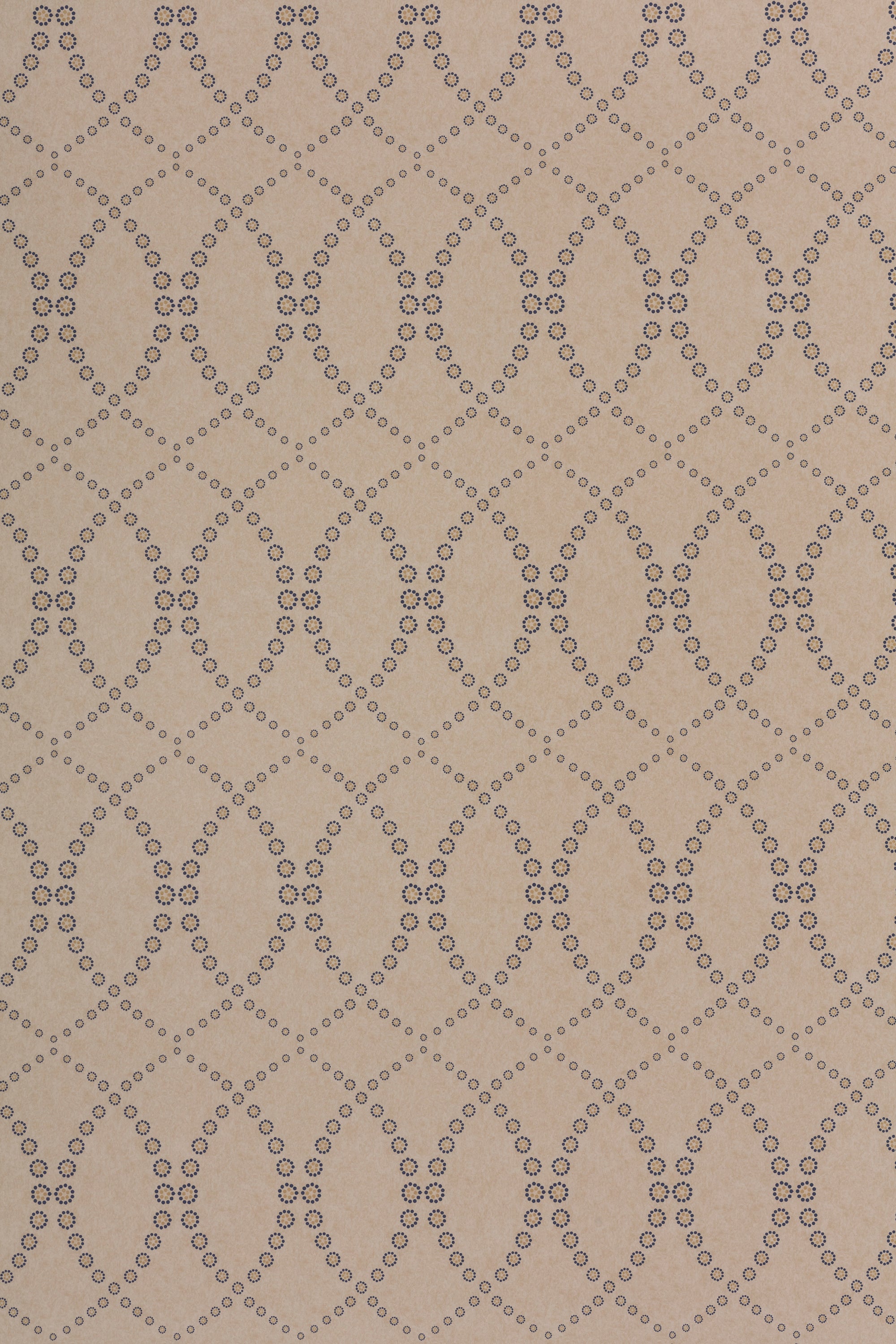 Wallpaper in a playful floral lattice print in tan and navy on a taupe field.