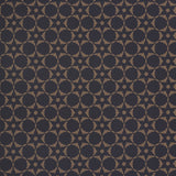 Wallpaper in a floral lattice print in  kraft brown on a navy field