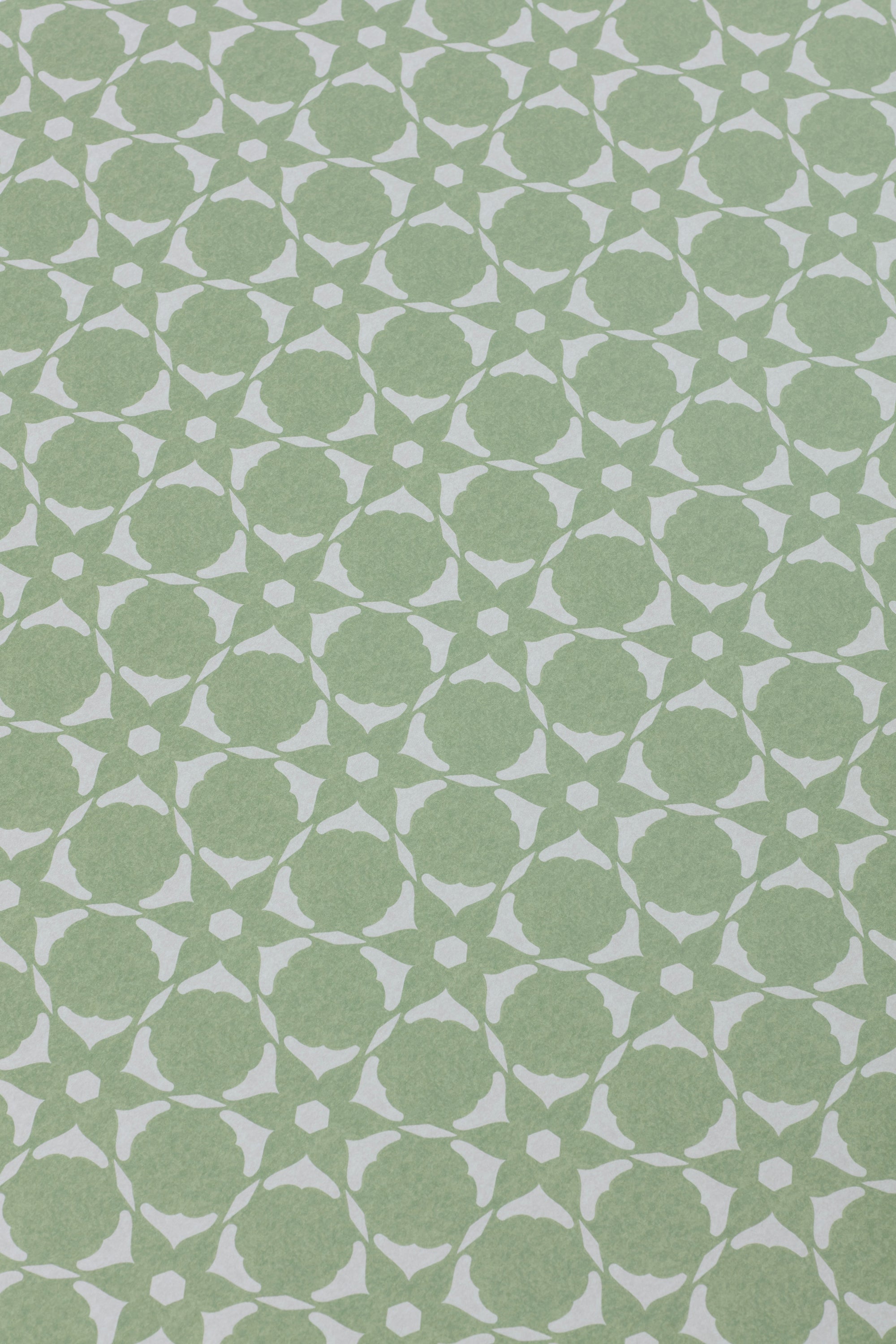 Wallpaper detail in a floral lattice print in  jade green on a cream field.