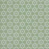 Wallpaper in a floral lattice print in  jade green on a cream field.