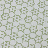 Wallpaper detail in a floral lattice print in  cream on a jade green field.