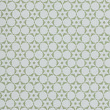 Wallpaper in a floral lattice print in  cream on a jade green field.