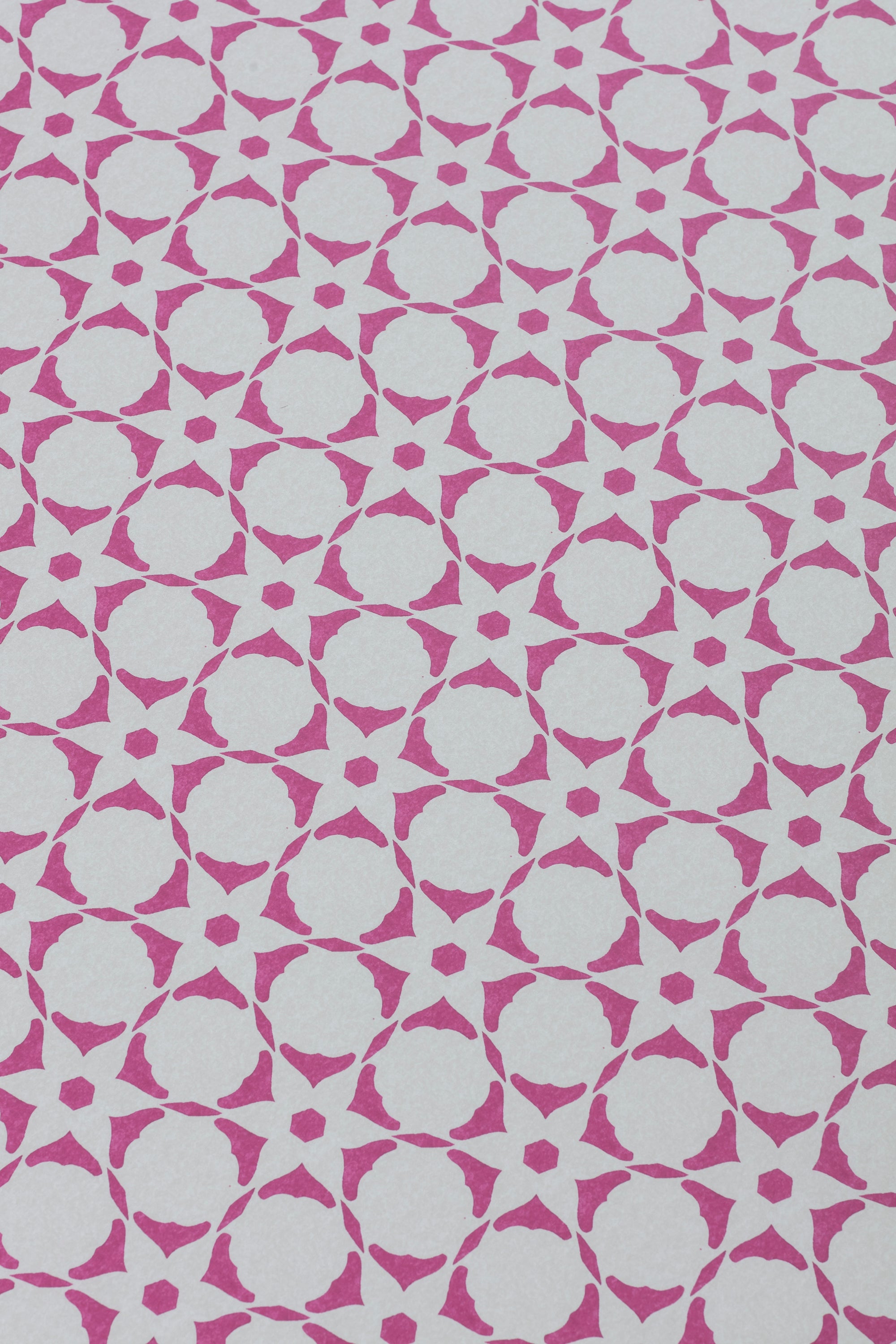 Wallpaper detail in a floral lattice print in magenta on a cream field.