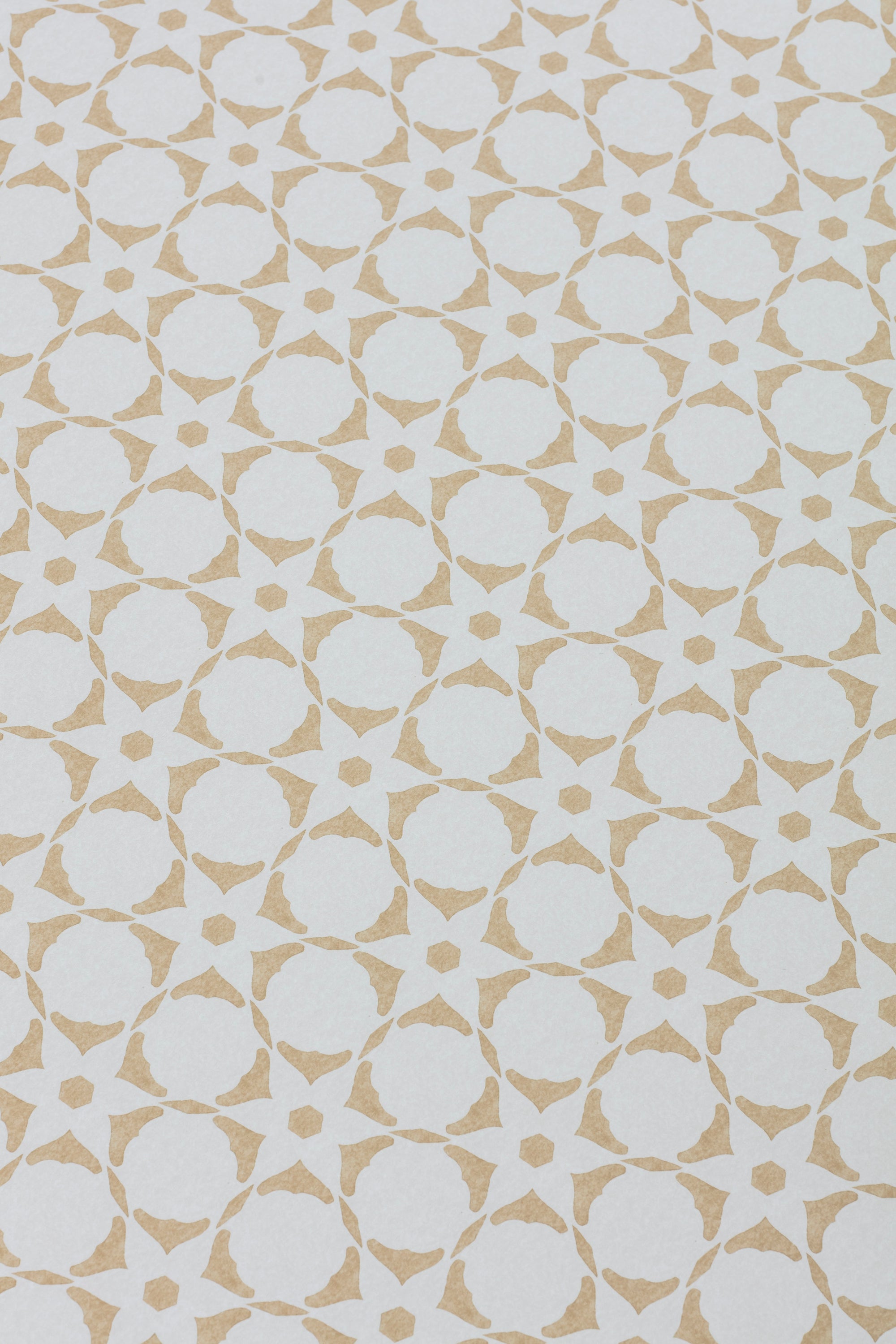 Detail of a wallpaper in a floral lattice print in tan on a cream field.