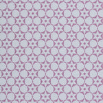 Wallpaper in a floral lattice print in purple on a cream field.