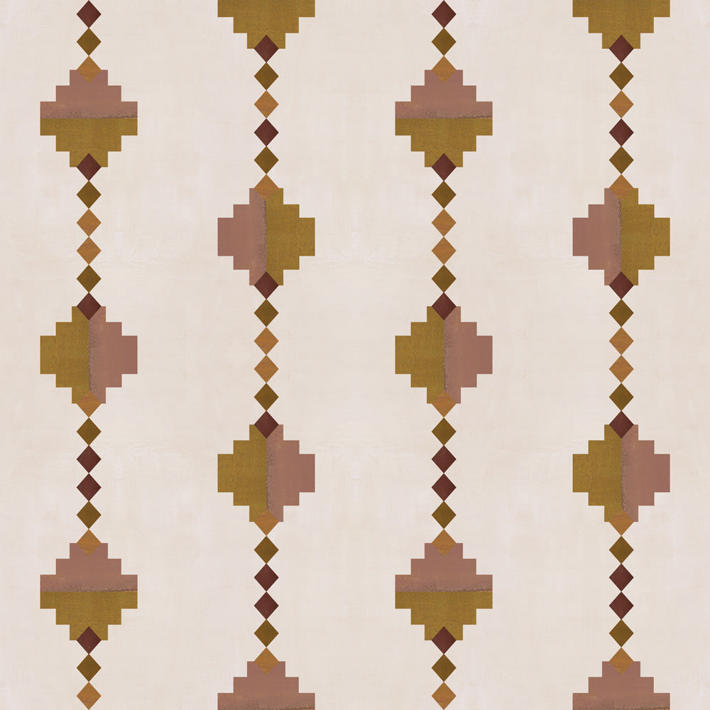 Stripe in a stacked diamond design in pink and ochre with purple accents.