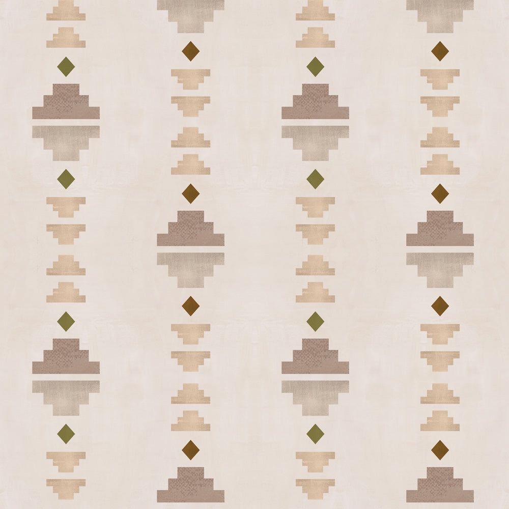 Geometric stair step pattern in blush, taupe, grey, olive and brown on a cream field.