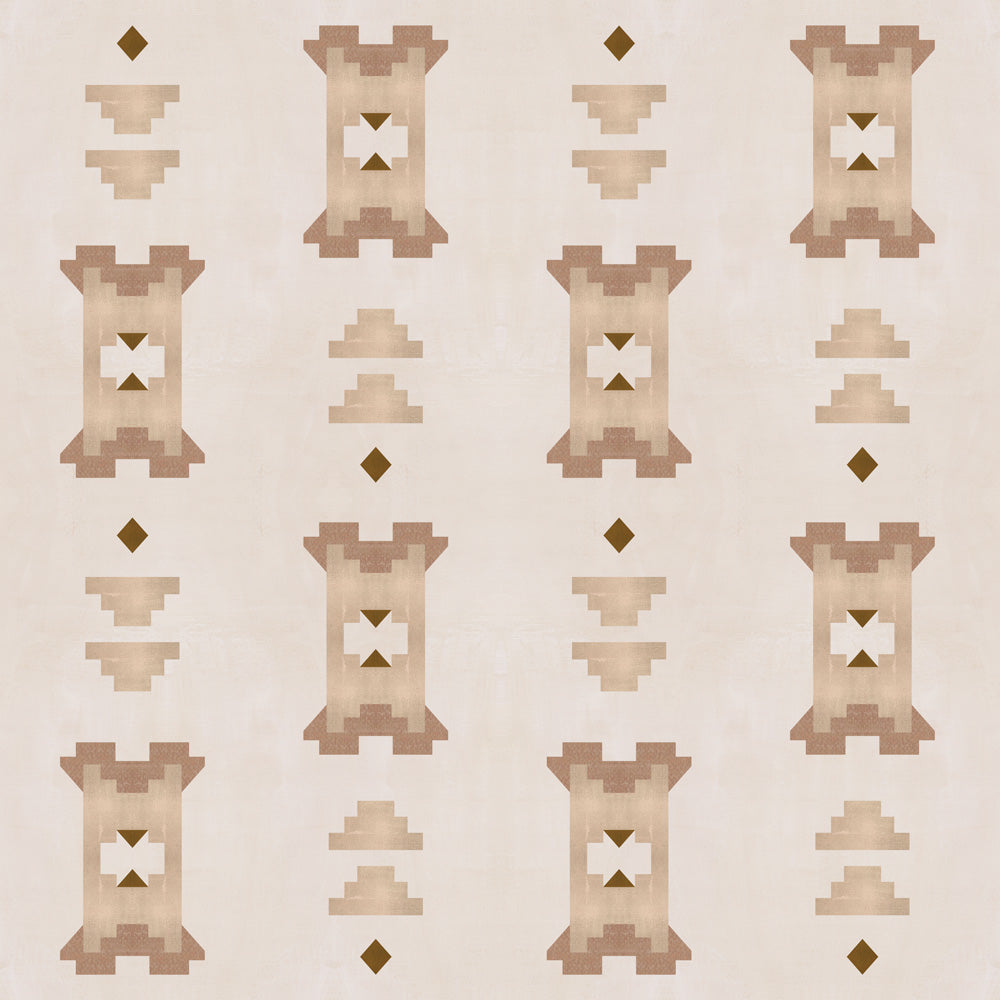 Geometric stair step pattern in brown and tan on a cream field.