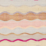 Flatweave Rug with wavy stripes of prink, orange, blue and tan.