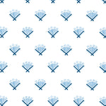 Detail of wallpaper in a playful bouquet print in blue and navy on a white field.