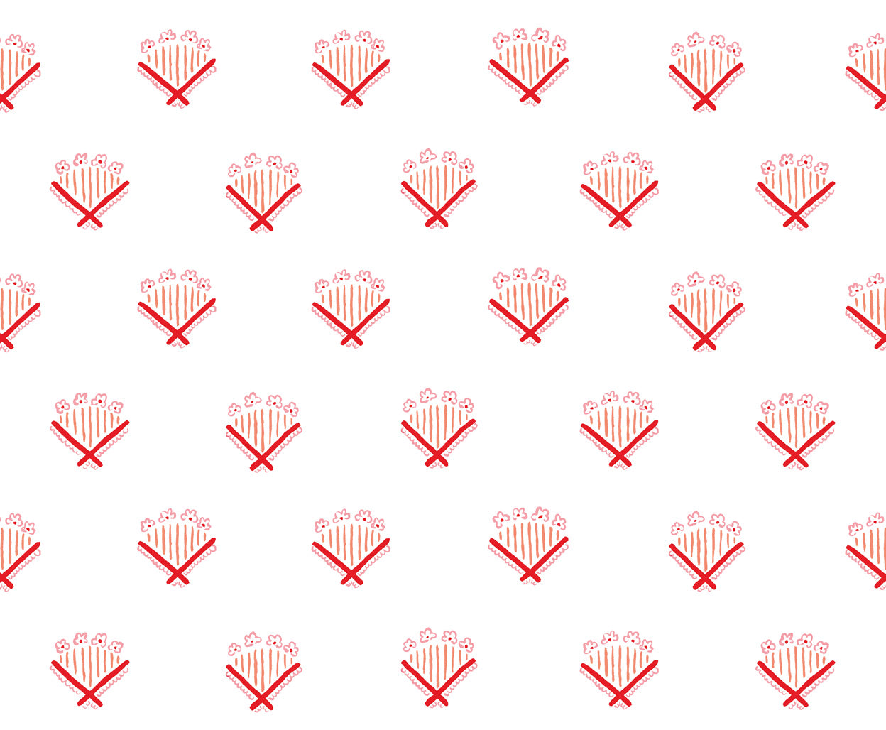 Detail of wallpaper in a playful bouquet print in orange and red on a white field.