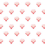 Detail of wallpaper in a playful bouquet print in orange and red on a white field.