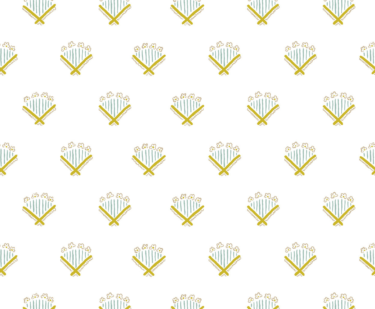 Detail of wallpaper in a playful bouquet print in blue and mustard on a white field.