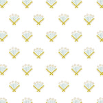 Detail of wallpaper in a playful bouquet print in blue and mustard on a white field.