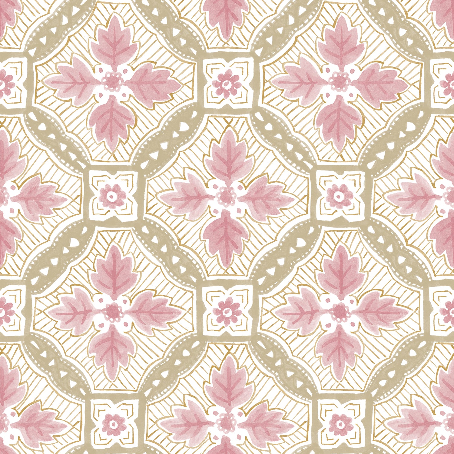 Detail of wallpaper in a painterly botanical grid in shades of pink and tan on a white field.