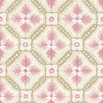 Detail of wallpaper in a painterly botanical grid in shades of pink and tan on a white field.