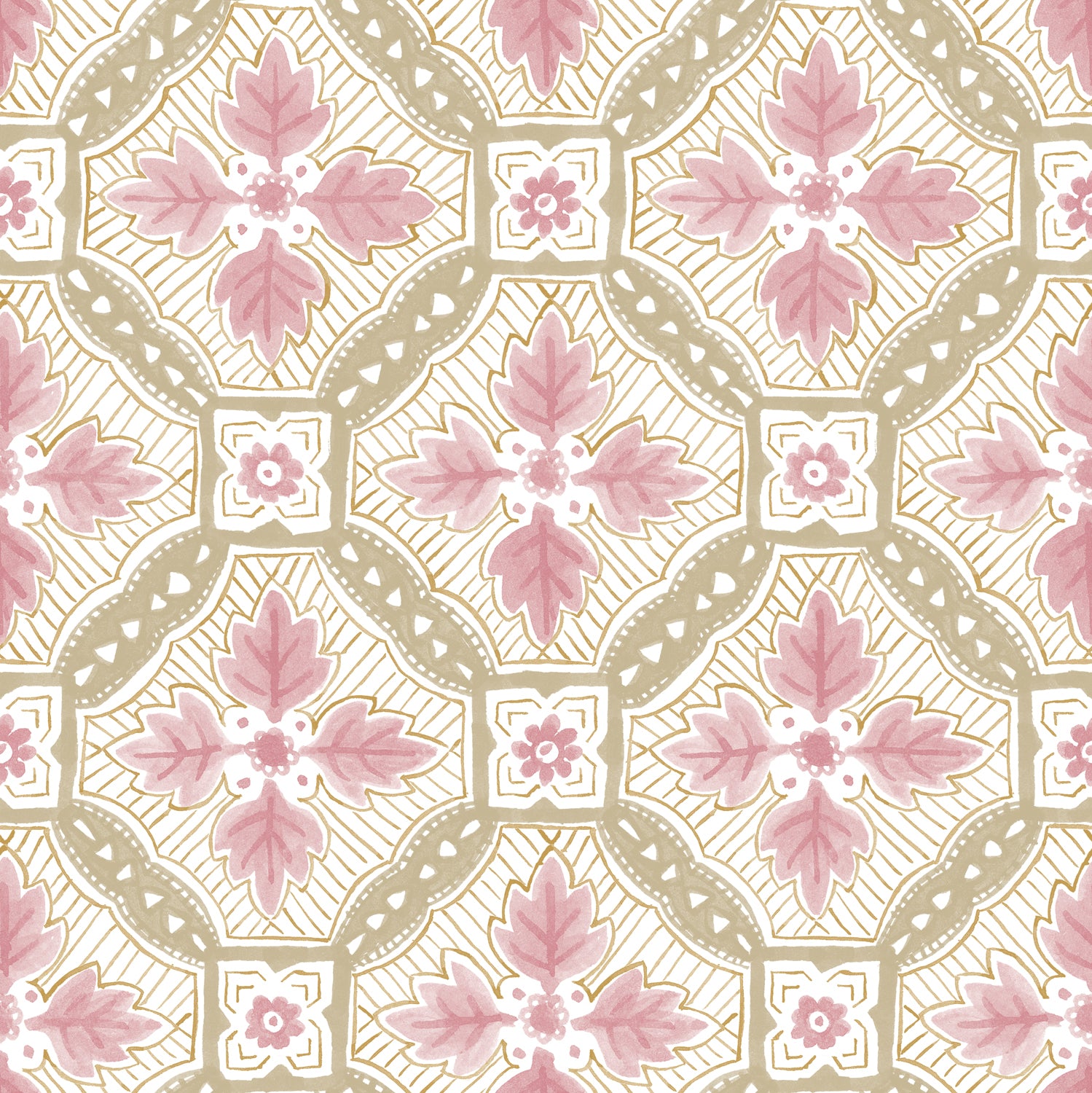 Detail of wallpaper in a painterly botanical grid in shades of pink and tan on a white field.