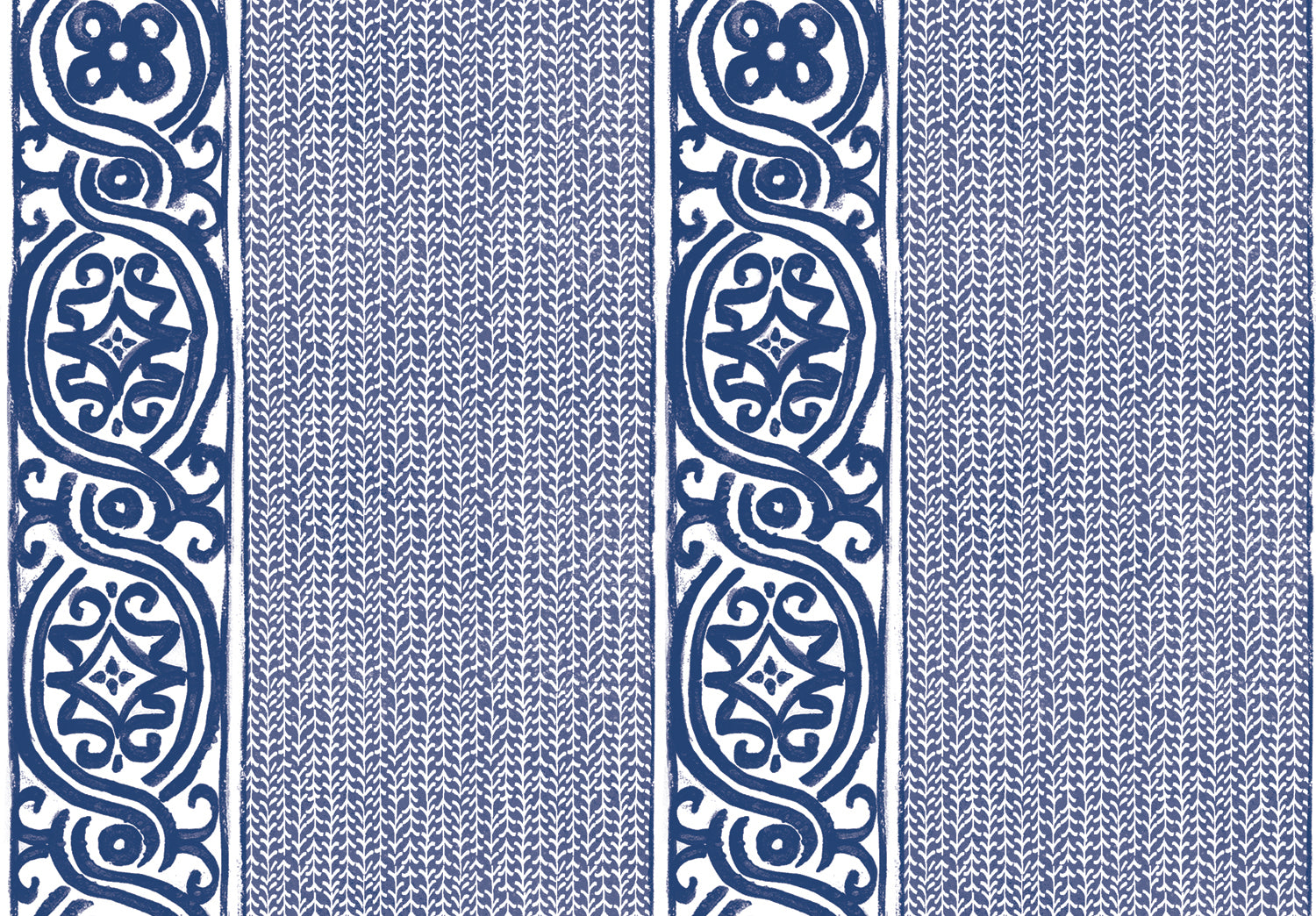 Detail of wallpaper in a painterly stripe print in navy on a white field.