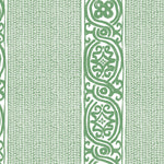 Detail of wallpaper in a painterly stripe print in green on a white field.
