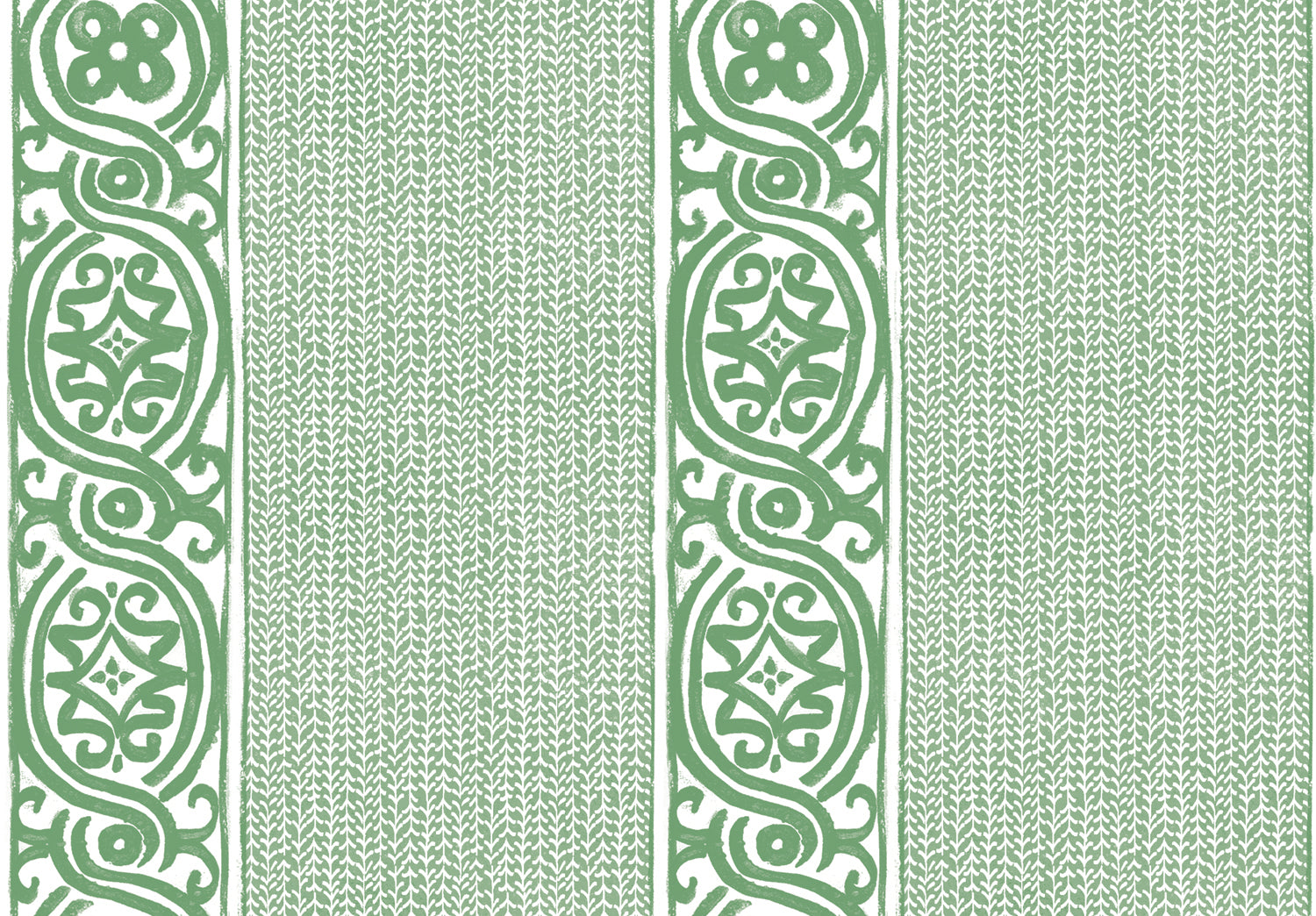 Detail of wallpaper in a painterly stripe print in green on a white field.