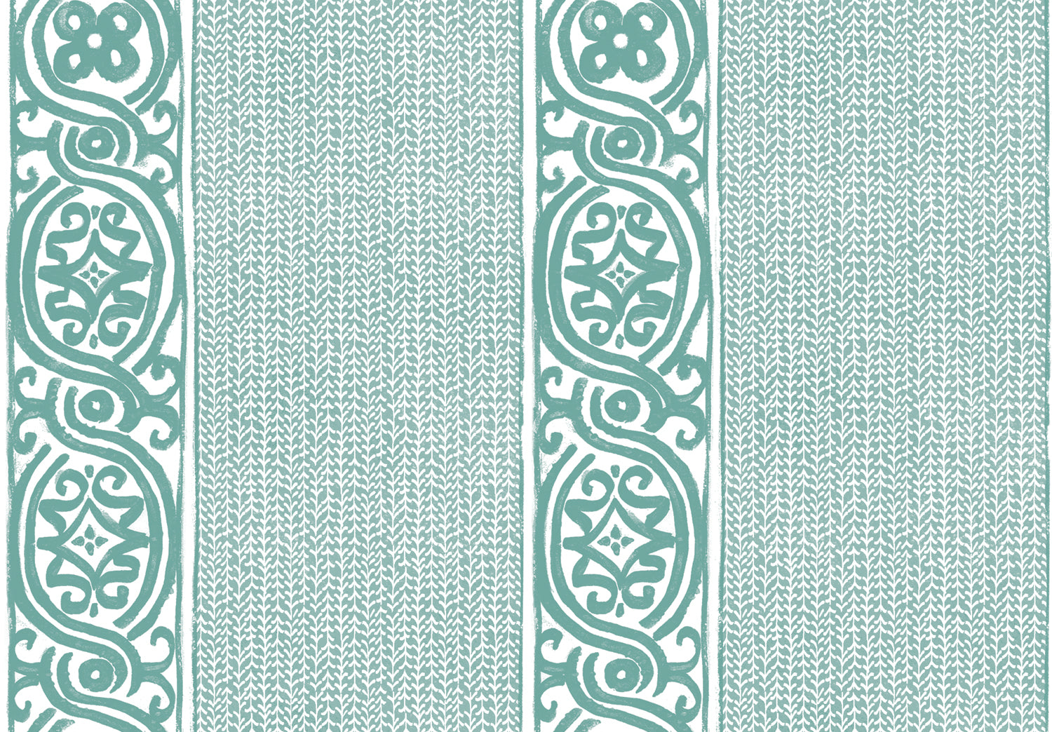 Detail of wallpaper in a painterly stripe print in teal on a white field.