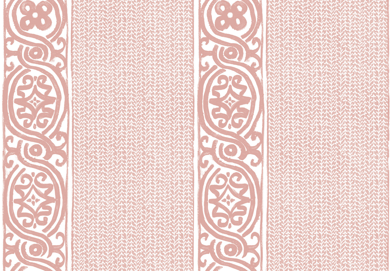 Detail of wallpaper in a painterly stripe print in light pink on a white field.