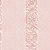 Detail of wallpaper in a painterly stripe print in light pink on a white field.