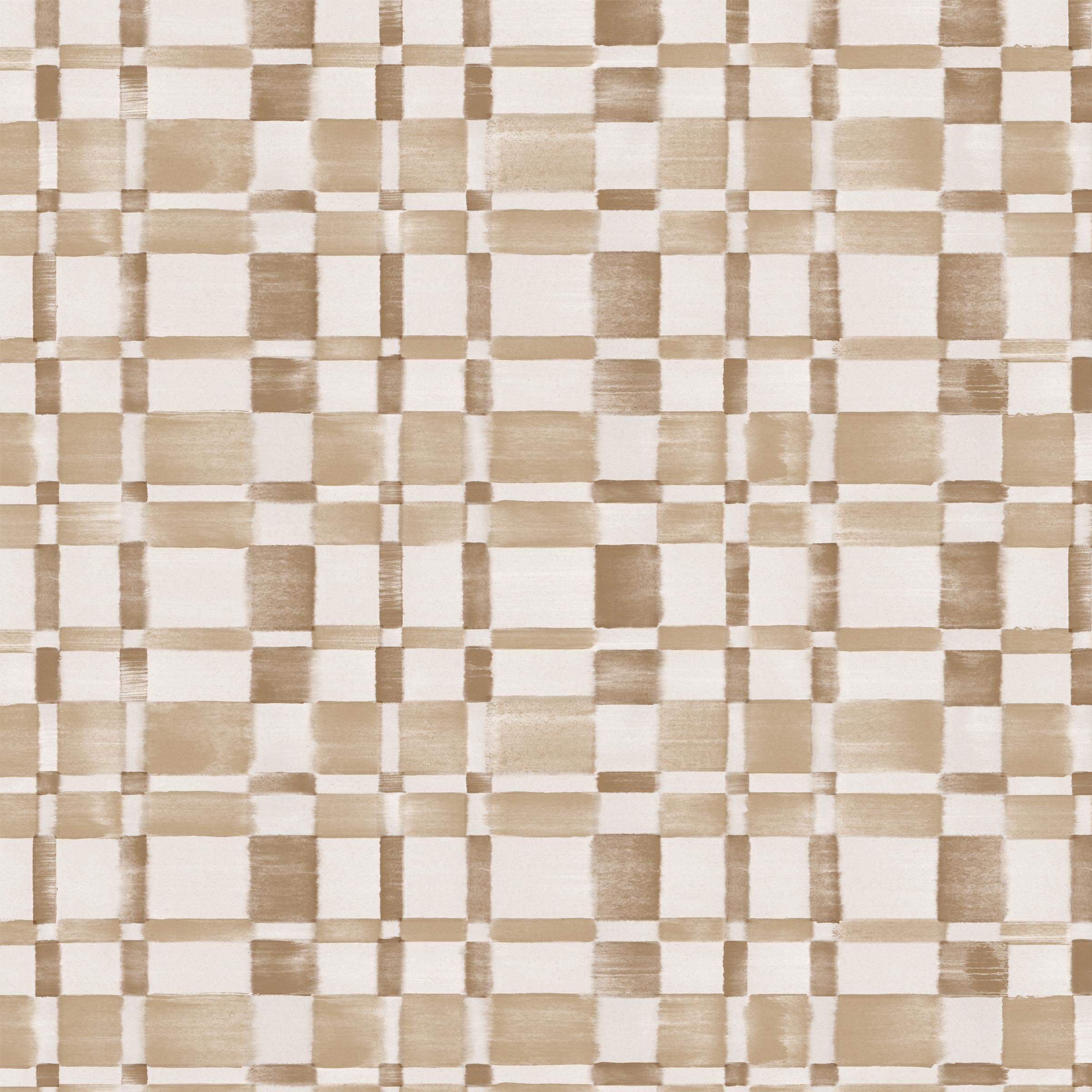Detail of wallpaper in a large-scale checked pattern in shades of brown and white.