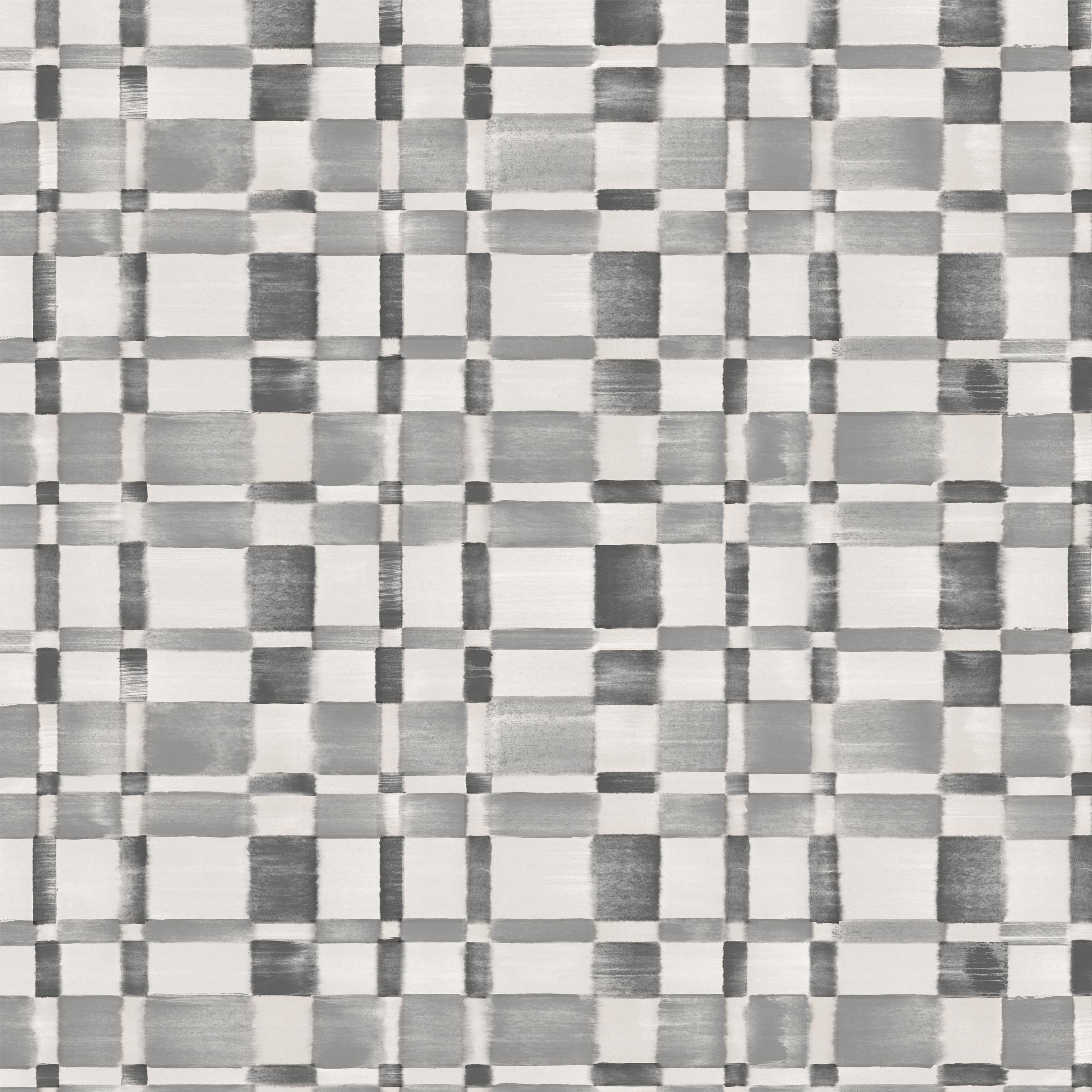Detail of wallpaper in a large-scale checked pattern in shades of gray and white.