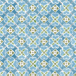 Detail of wallpaper in a floral lattice print in blue, green and white.