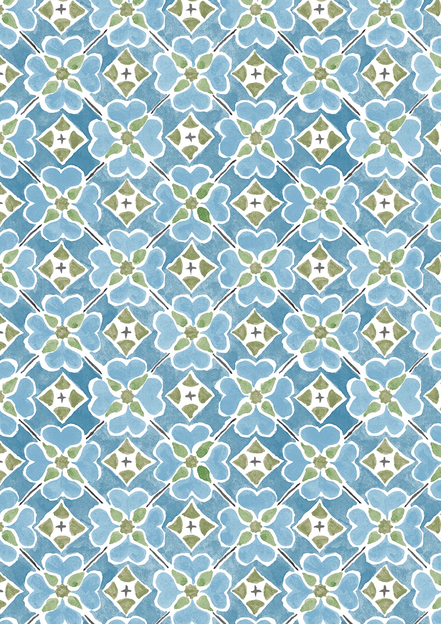 Detail of wallpaper in a floral lattice print in blue, green and white.