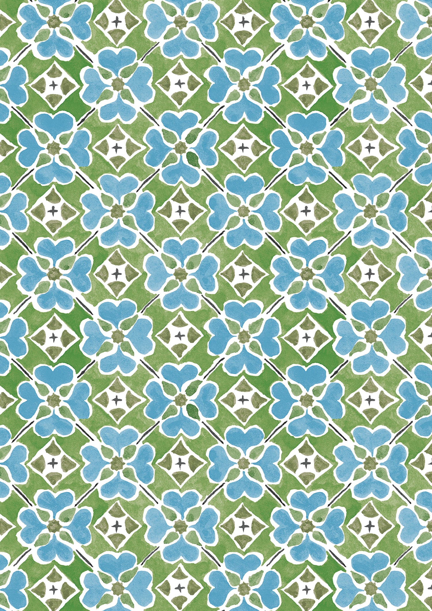 Detail of wallpaper in a floral lattice print in blue, green, brown and white.
