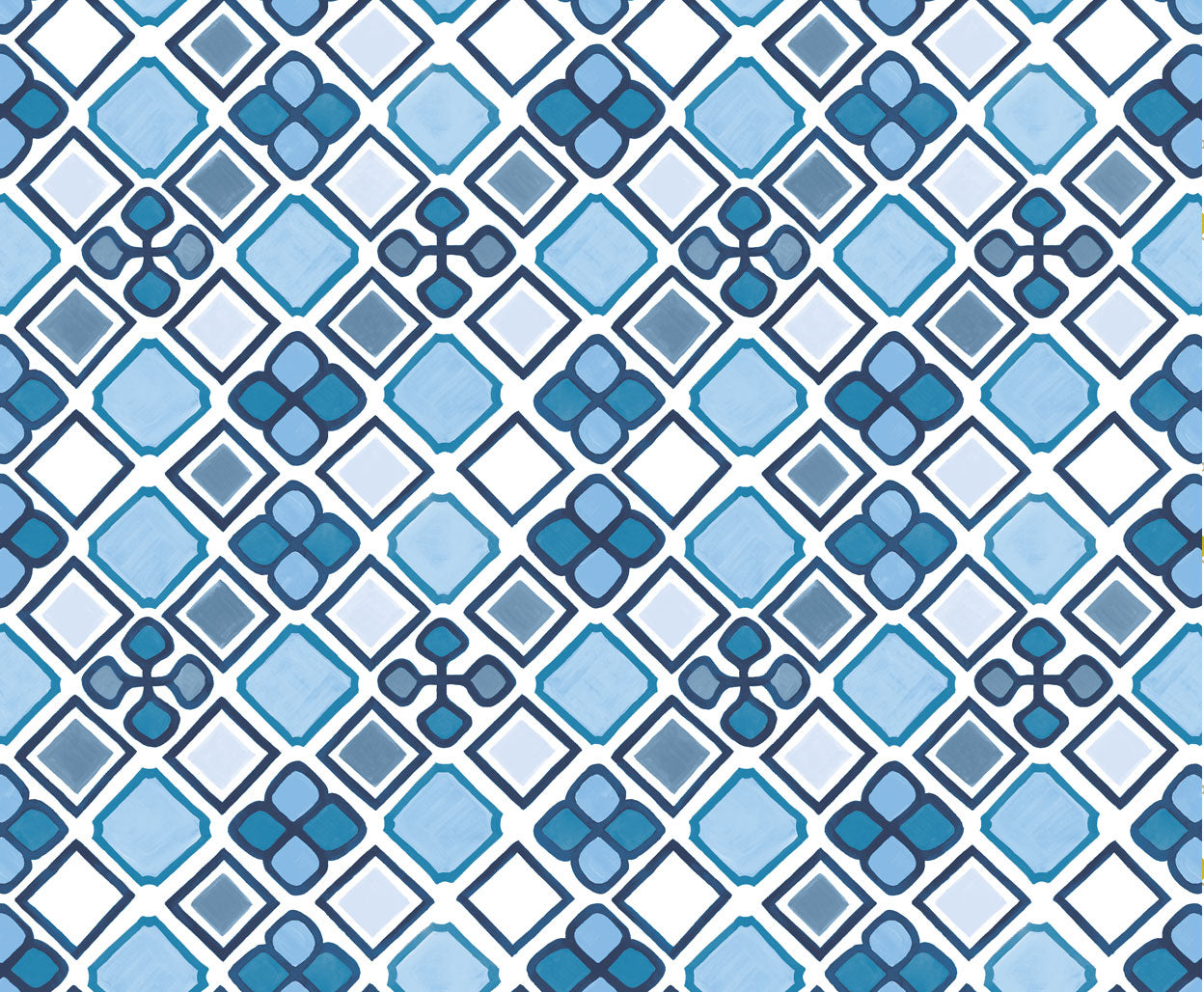 Detail of wallpaper in a geometric diamond and floral print in shades of blue, navy and white.