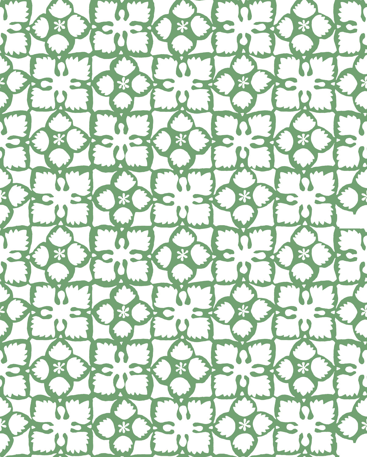 Detail of wallpaper in a botanical lattice print in green on a white field.
